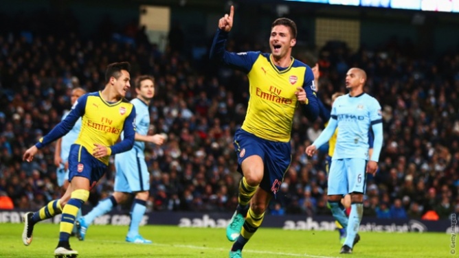 Olivier Giroud celebrates as Arsenal win at City for the first time in over four years image: arsenal.com